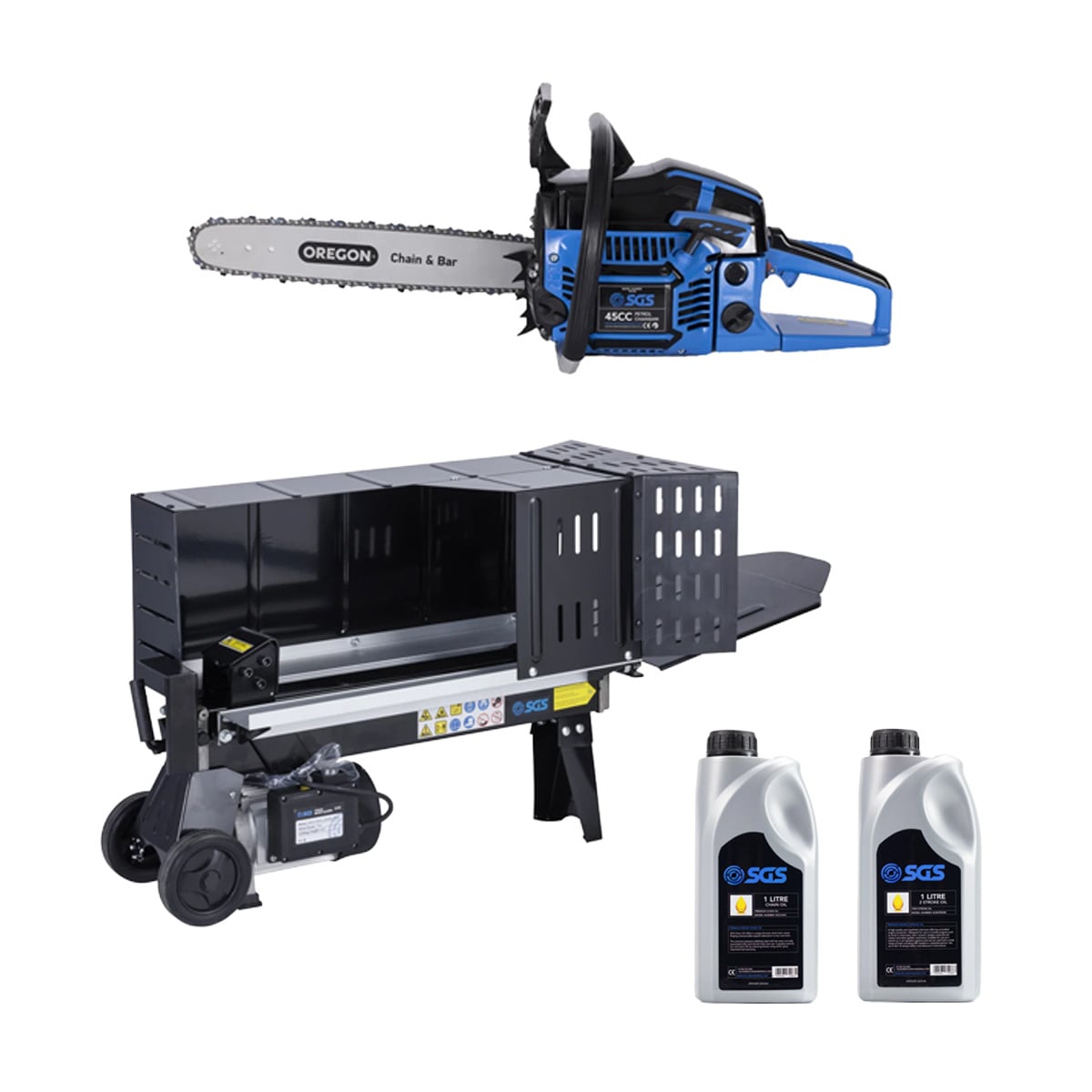 SGS Log Splitter, Chainsaw, & Oil Bundle